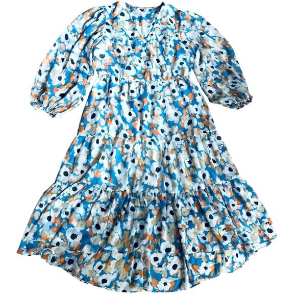 Joie Women’s Sz M Blue Floral Printed Maxi Dress Limited Edition Chiffon V-Neck - Picture 3 of 14